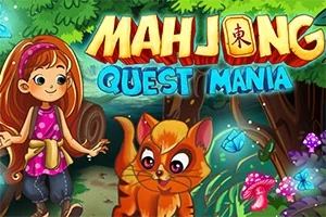 Kızıl saçlı bir kız çocuğu ve turuncu kedi, ormanlık bir alanda çeşitli bitkiler ve parlayan mantarlar arasında, arka planda Mahjong Quest Mania yazısıyla birlikte