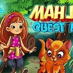 Kızıl saçlı bir kız çocuğu ve turuncu kedi, ormanlık bir alanda çeşitli bitkiler ve parlayan mantarlar arasında, arka planda Mahjong Quest Mania yazısıyla birlikte