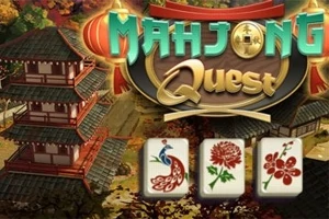 Japon tarzı bir tapınak arka planında Mahjong Quest yazısı ve ön planda üç Mahjong taşı (tavus kuşu, kırmızı çiçekler) görülüyor