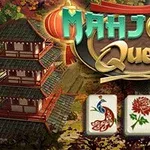 Japon tarzı bir tapınak arka planında Mahjong Quest yazısı ve ön planda üç Mahjong taşı (tavus kuşu, kırmızı çiçekler) görülüyor