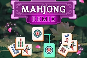 Mor çerçeve içinde Mahjong Remix yazısı ve altında çeşitli desenlerle süslenmiş dört domino taşı