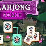 Mor çerçeve içinde Mahjong Remix yazısı ve altında çeşitli desenlerle süslenmiş dört domino taşı