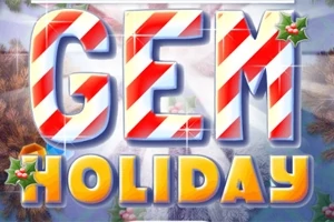 Kırmızı-beyaz şeker kamışı desenli büyük GEM harfleri ve altında HOLIDAY yazısı, köşelerde çobanpüskülleri ile süslenmiş