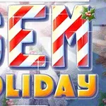 Kırmızı-beyaz şeker kamışı desenli büyük GEM harfleri ve altında HOLIDAY yazısı, köşelerde çobanpüskülleri ile süslenmiş