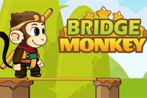 Sevimli bir maymun, renkli bir ormanda köprünün üzerinde duruyor ve yanında Bridge Monkey yazısı bulunuyor