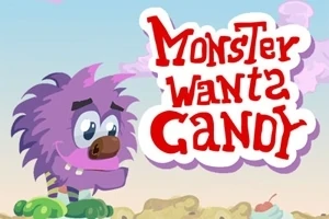 Mor tüylü bir canavar ile üzerinde Monster Wants Candy yazısı bulunan renkli bir arka plan
