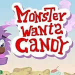 Mor tüylü bir canavar ile üzerinde Monster Wants Candy yazısı bulunan renkli bir arka plan