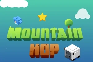 Yeşil ve mavi tonlarında bir arka planda, Mountain Hop yazısı, bir yıldız, bir kuş, bir bulut ve ağaç ile koyun figürü yer alıyor