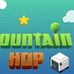 Yeşil ve mavi tonlarında bir arka planda, Mountain Hop yazısı, bir yıldız, bir kuş, bir bulut ve ağaç ile koyun figürü yer alıyor