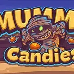 Üzerinde Mummy Candies yazısı bulunan, sevimli bir mumya karakteri ve etrafa saçılmış şekerler