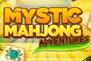 Büyük yazılarla Mystic Mahjong Adventures metni, sarı ve yeşil tonlarda bir arka plan üzerinde yer alıyor