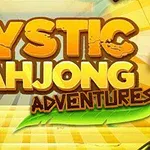 Büyük yazılarla Mystic Mahjong Adventures metni, sarı ve yeşil tonlarda bir arka plan üzerinde yer alıyor