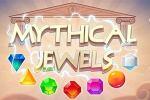 Renkli mücevherler ve eski bir tapınağın arka planı üzerinde MYTHICAL JEWELS yazısı