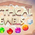 Renkli mücevherler ve eski bir tapınağın arka planı üzerinde MYTHICAL JEWELS yazısı