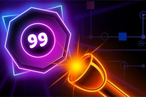Parlak renkli neon grafiklerle stilize edilmiş bir top ve üzerinde 99 yazan çokgen bir hedef