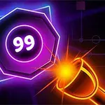 Parlak renkli neon grafiklerle stilize edilmiş bir top ve üzerinde 99 yazan çokgen bir hedef