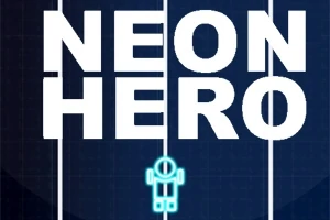 Büyük beyaz harflerle NEON HERO yazısı ve altında küçük mavi bir figür bulunan koyu renkte bir arka plan