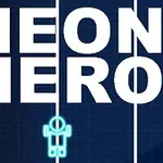Büyük beyaz harflerle NEON HERO yazısı ve altında küçük mavi bir figür bulunan koyu renkte bir arka plan