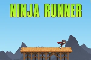 Mavi gökyüzü ve dağ silüeti önünde, ahşap bir platform üzerinde koşan ninja karakteri ve üstte büyük yeşil harflerle Ninja Runner yazısı