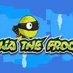 Yeşil ninja maskesi takmış bir kurbağa, arka planda mavi tonlar ve üzerinde Ninja the Frog yazısı