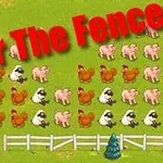 Yeşil bir çimenlik alanda beyaz çitlerle çevrili koyunlar, domuzlar ve tavuklardan oluşan bir çiftlik düzeni, üstünde kırmızı yazıyla Over The Fence ifadesi