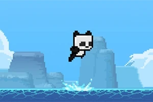 Mavi bir arka plan önünde, havada zıplayan piksel sanatı tarzında panda karakteri