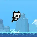 Mavi bir arka plan önünde, havada zıplayan piksel sanatı tarzında panda karakteri