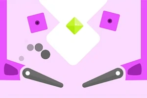 Pembe ve beyaz arka plan üzerinde yer alan iki gri flipper, yeşil elmas şekli ve mor kareler ile dolu minimalist tasarım