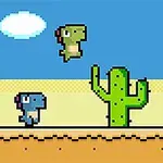 Piksel tarzında çöl ortamında kaktüsler arasında koşan ve zıplayan üç renkli dinozor