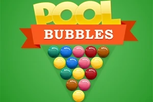 Yeşil arka plan üzerinde renkli toplar üçgen şeklinde dizilmiş ve üst kısmında büyük sarı harflerle yazılmış POOL BUBBLES metni