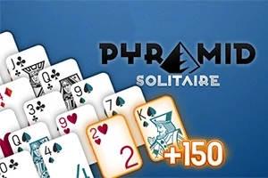 Beyaz arka plan üzerine dizilmiş iskambil kartları ve üzerlerinde PYRAMID SOLITAIRE yazısı