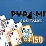 Beyaz arka plan üzerine dizilmiş iskambil kartları ve üzerlerinde PYRAMID SOLITAIRE yazısı