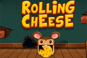 Sevimli bir fare karakteri, ağzında büyük bir peynir parçası ile tahta bir zemin üzerinde duruyor, arka planda ROLLING CHEESE yazısı ve fare deliği var
