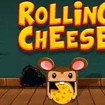 Sevimli bir fare karakteri, ağzında büyük bir peynir parçası ile tahta bir zemin üzerinde duruyor, arka planda ROLLING CHEESE yazısı ve fare deliği var
