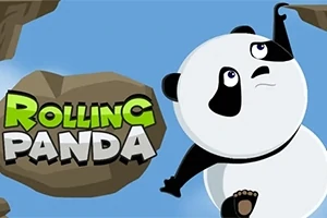 Mavi bir arka plan üzerinde, sağ tarafta yukarı tırmanan pandanın yanında Rolling Panda yazısı ve kaya parçaları