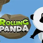 Mavi bir arka plan üzerinde, sağ tarafta yukarı tırmanan pandanın yanında Rolling Panda yazısı ve kaya parçaları