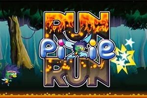 Ormanda koşan küçük bir karakter ve Run Pixie Run yazısı üzerinde parlayan yıldızlar