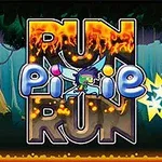 Ormanda koşan küçük bir karakter ve Run Pixie Run yazısı üzerinde parlayan yıldızlar