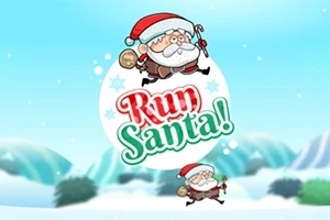 Kar ve buzullarla kaplı bir arka planda, Noel Babanın hareketli çizimi ve Run Santa!