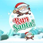 Kar ve buzullarla kaplı bir arka planda, Noel Babanın hareketli çizimi ve Run Santa!