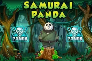 Görselde, ormanda bir kütük üzerinde duran samuray kıyafetli bir panda yer alıyor