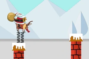 Noel Baba ve ren geyiği, zıplayan bir yay üzerinde karlı bir arka planda iki bacanın üzerinde duruyor