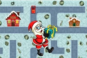 Kardan yollardan oluşan bir labirentte hediye taşıyan Noel Baba, iki ev ve bir kırmızı telefon kulübesi