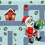 Kardan yollardan oluşan bir labirentte hediye taşıyan Noel Baba, iki ev ve bir kırmızı telefon kulübesi