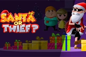 Noel Baba kılığında maskeli bir adam, arka planda oyuncak çocuklarla birlikte hediye yığınlarının önünde duruyor