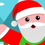Noel Baba kıyafeti giymiş sevimli bir karakter, karla kaplı dağlar ve çam ağaçları önünde duruyor