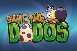 Karikatür tarzında bir dodo kuşu ve yumurtası ile SAVE THE DODOS yazısı