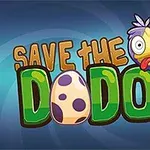 Karikatür tarzında bir dodo kuşu ve yumurtası ile SAVE THE DODOS yazısı