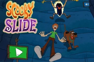 Scooby Doo ve arkadaşı, arka planda bir canavarla birlikte korkmuş şekilde kayarken; ekranda büyük bir oynatma düğmesi ve renkli bir başlık yer alıyor