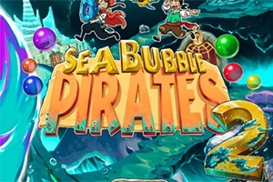 Renkli baloncuklar ve Sea Bubble Pirates 2 yazılı başlıkla çevrili korsan temalı bir arka plan